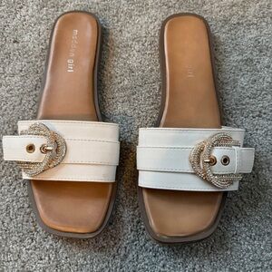 Madden Girl Cream Buckle Slide Sandals